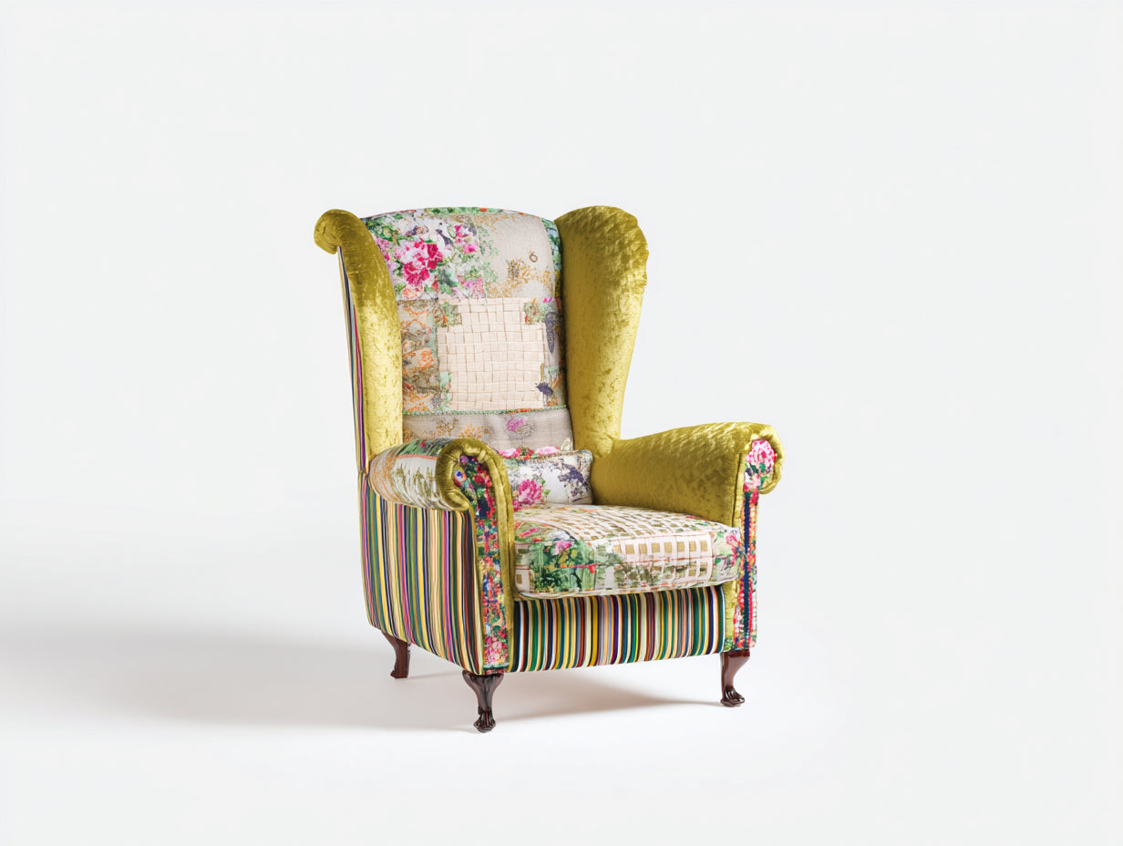 Fauteuil - tissu-bois - 91 x 90 x 116 cm - jaune moutarde-vert-beige-multicolore-marron foncé - style bohème