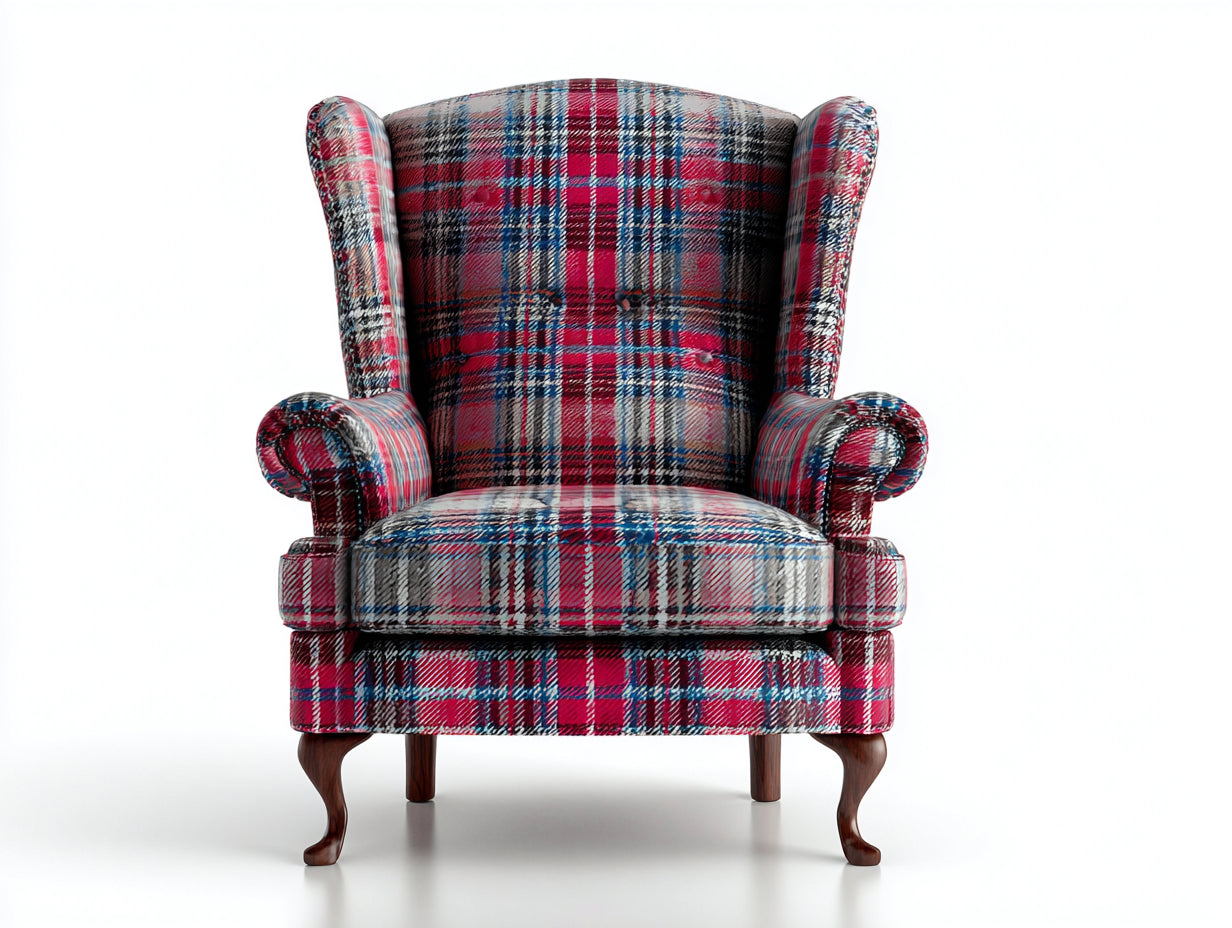 Fauteuil - tissu-bois - 94 x 89 x 111 cm - rouge-bleu-gris-noir-marron - style tartan classique