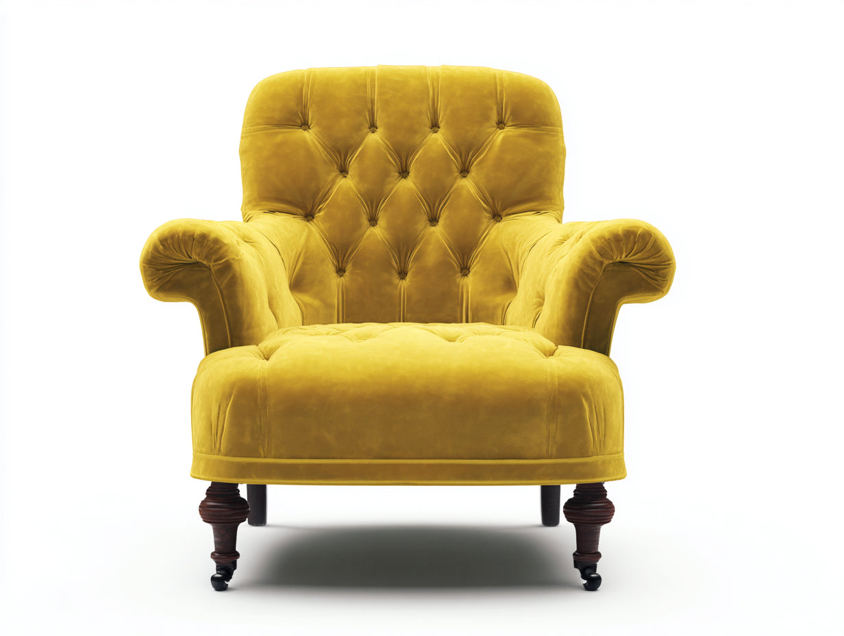 Fauteuil - velours-bois-métal - 93 x 91 x 107 cm - jaune moutarde-marron foncé-noir - style capitonné classique