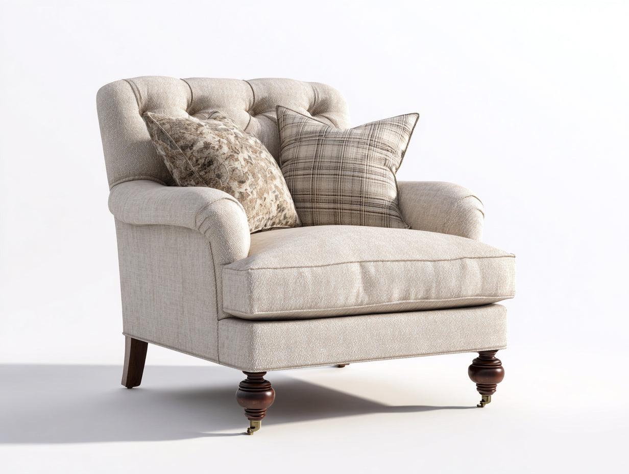 Fauteuil - tissu-bois-métal - 92 x 88 x 104 cm - écru-marron foncé-laiton - style capitonné classique