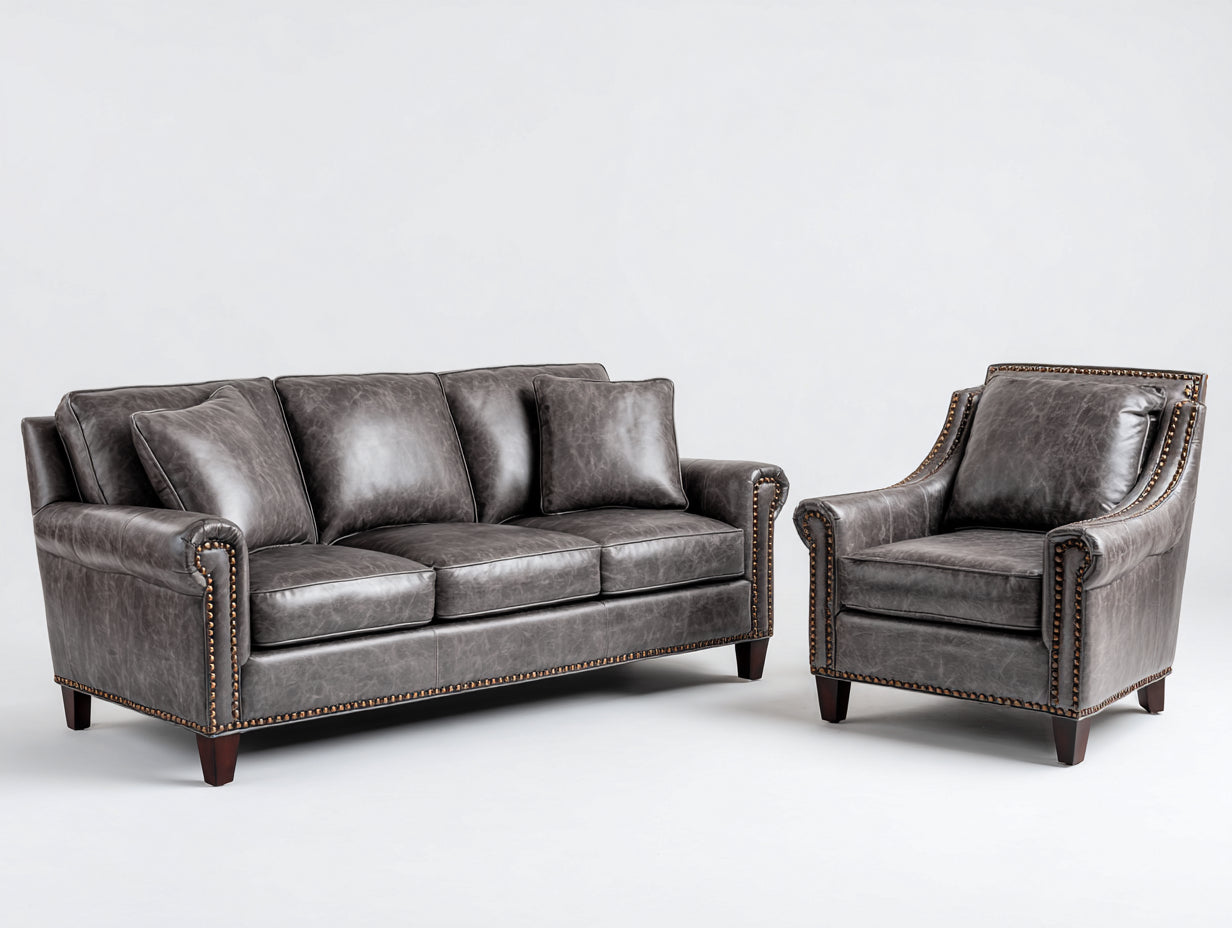 Ensemble de canapés - cuir-bois-métal - 221 x 97 x 99 cm - gris anthracite-marron-bronze - style traditionnel