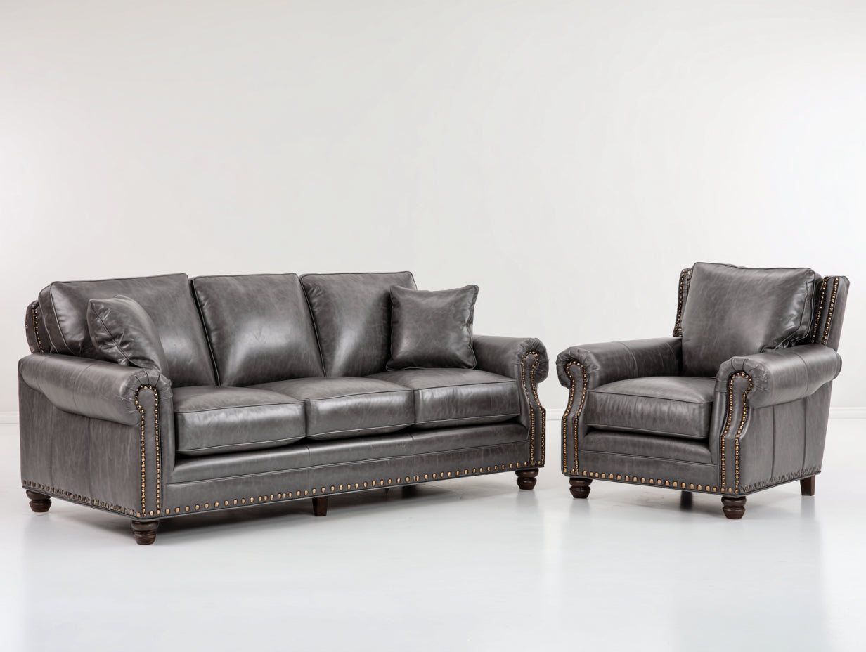 Ensemble de canapés - cuir-bois-métal - 224 x 99 x 101 cm - gris foncé-marron-bronze - style classique