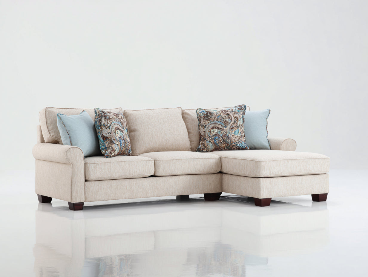 Canapé d'angle - tissu-bois - 278 x 183 x 87 cm - beige crème-marron acajou - style transitionnel