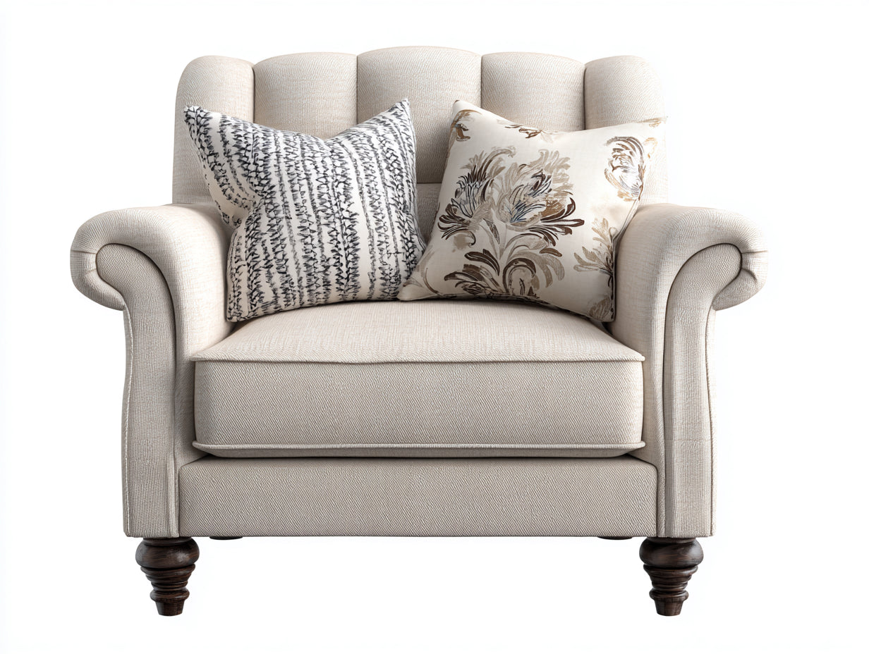 Fauteuil - tissu-bois - 94 x 90 x 101 cm - ivoire-marron foncé - style classique