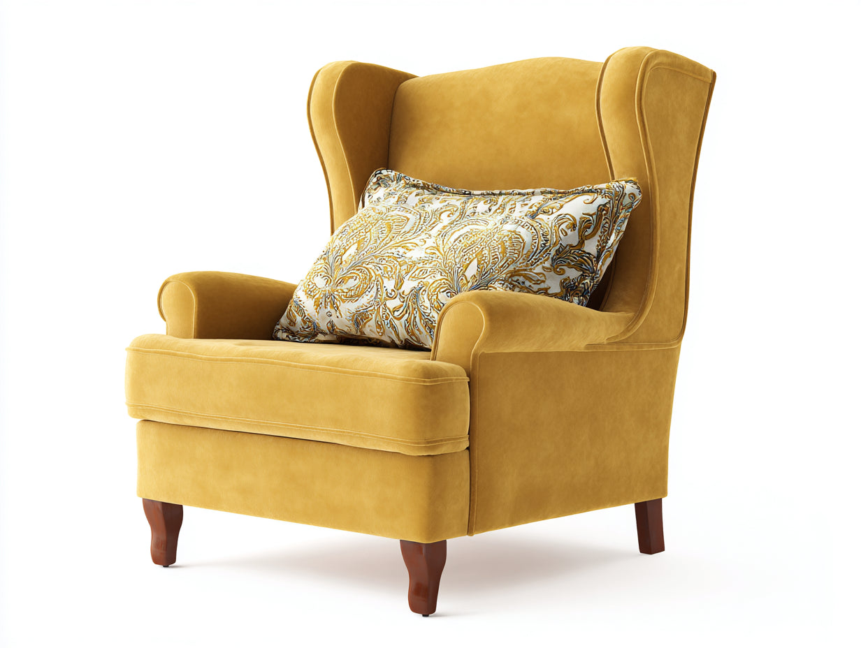 Fauteuil - velours-bois - 91 x 88 x 113 cm - jaune ocre-marron - style classique à oreilles
