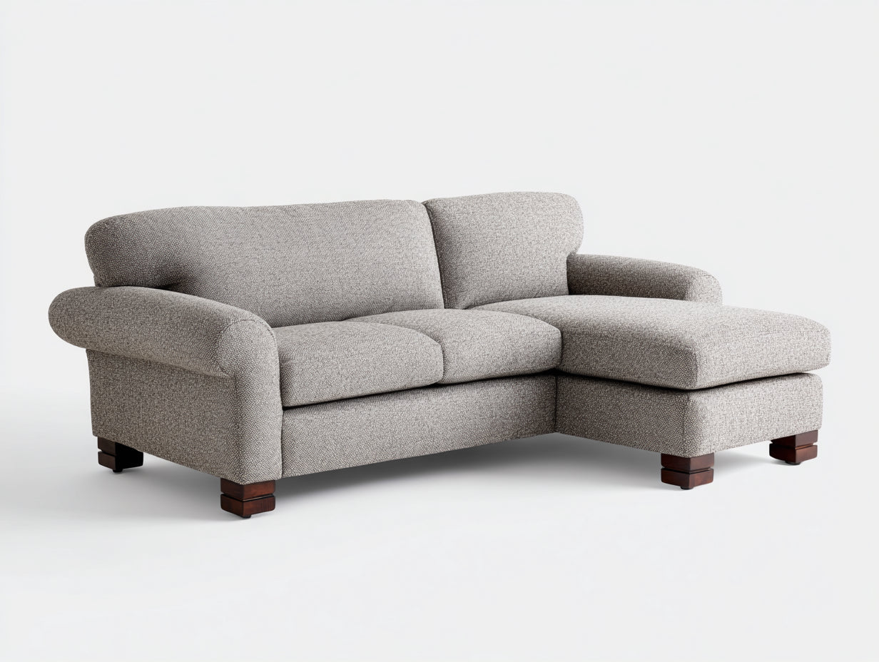 Canapé d'angle - tissu-bois - 259 x 177 x 88 cm - gris clair-marron foncé - style organique