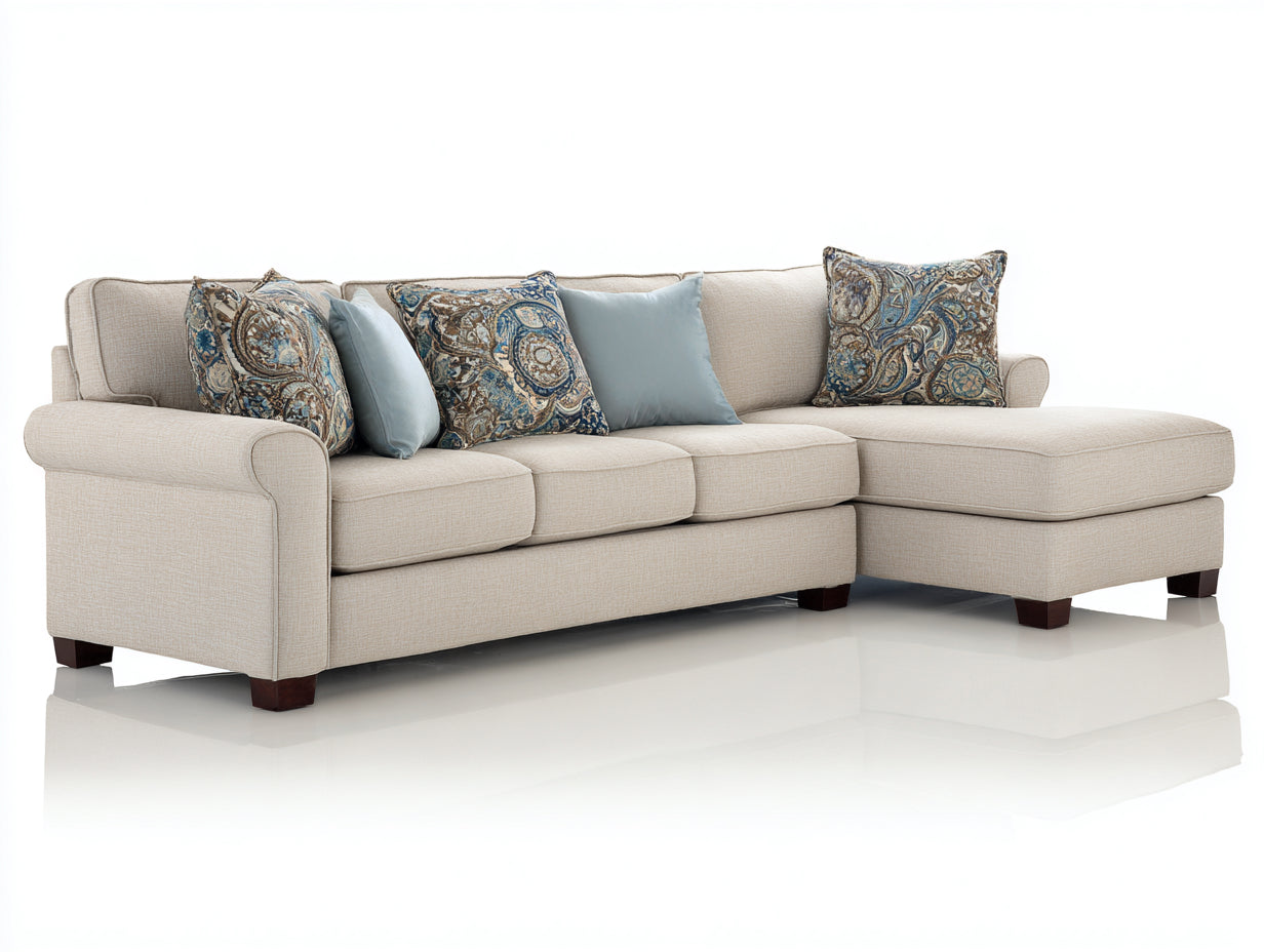 Canapé d'angle - tissu-bois - 284 x 185 x 90 cm - beige clair-marron foncé - style transitionnel