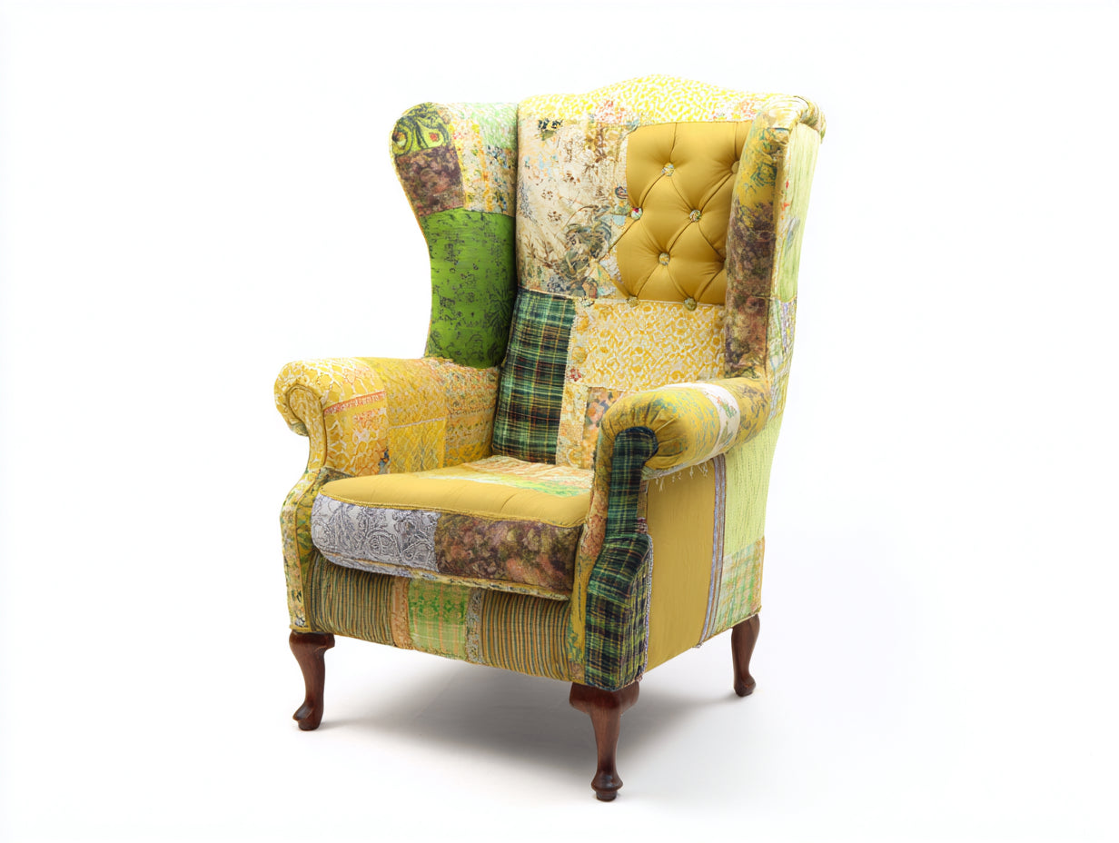 Fauteuil - tissu-bois - 92 x 89 x 118 cm - jaune-vert-multicolore-marron - style bohème